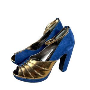 SeychellesCory Lynn Calter Come Get Me Navy Blue Suede Copper Platform Heels